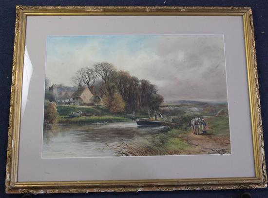 Henry Charles Fox (1855-1929) Horsedrawrn canal barge in a landscape 38 x 55cm